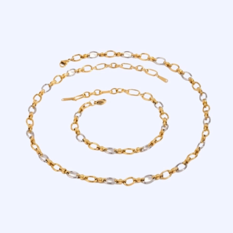 Parure de Bijoux Collier Bracelet en Acier Inoxydable Plaqué Or 18K Bicolore Or Argent Étanche Hypoallergénique Chaîne à Maillons Ovales pour Femmes