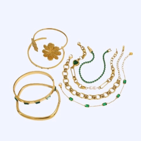 Bracelet Coeur Vert en Acier Inoxydable Zirconia Pour Femme Plaqué Or Perle Artificielle Fleur Bague Boucles d'Oreilles Collier
