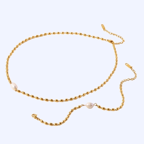 Collier et Bracelet en Acier Inoxydable avec Perle d'Eau Douce Style Français pour Femme Élégante Chaîne à Maillons Ovales Dorés