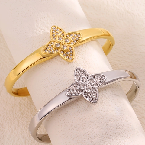 Edelstahl Glücksklee Armreif Mit Strass Eingelegt Gold Silber Galvanisiert Eleganter Modeschmuck Armreif Armband Für Damen