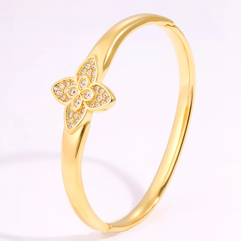 Edelstahl Glücksklee Armreif Mit Strass Eingelegt Gold Silber Galvanisiert Eleganter Modeschmuck Armreif Armband Für Damen