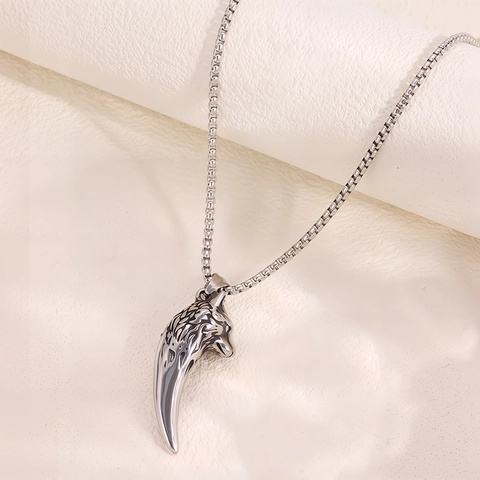 Vintage Hip Hop Edelstahl Wolfskopf Wolfszahn Anhänger Halskette Für Herren Hochwertige Silberfarbene Metallschmuck Box-Kette Geschenk