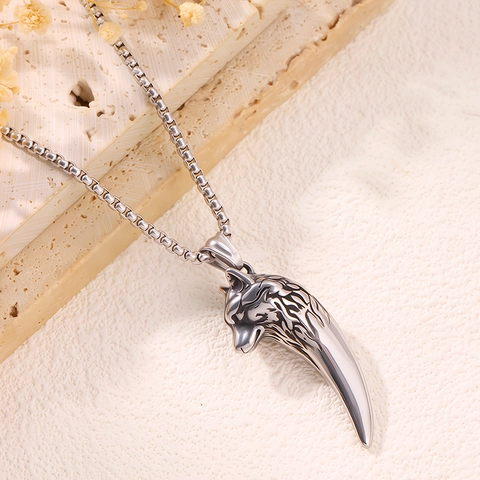 Vintage Hip Hop Edelstahl Wolfskopf Wolfszahn Anhänger Halskette Für Herren Hochwertige Silberfarbene Metallschmuck Box-Kette Geschenk