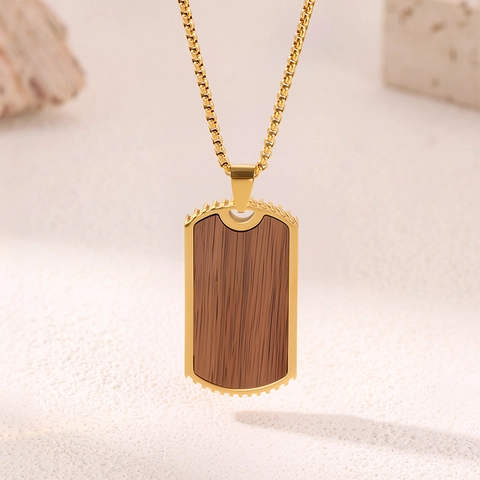 Collier Croix en Acier Titane pour Hommes Plaque Militaire Pendentif Incrustation de Bois Bijoux de Mode Quotidienne