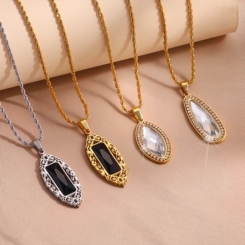 Collier Pendentif en Acier Inoxydable Vintage pour Femme Filigrane Rétro Plaqué Or Argent Chaîne Corde Avec Zirconium Noir Transparent Bijoux Élégants
