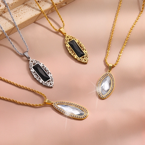Collier Pendentif en Acier Inoxydable Vintage pour Femme Filigrane Rétro Plaqué Or Argent Chaîne Corde Avec Zirconium Noir Transparent Bijoux Élégants