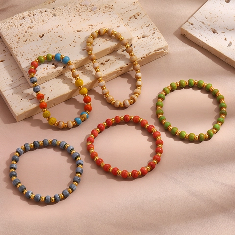 Bracelet Vintage En Perles De Céramique Pour Femmes Acier Inoxydable Titane Bohème Réglable Bijoux D'été