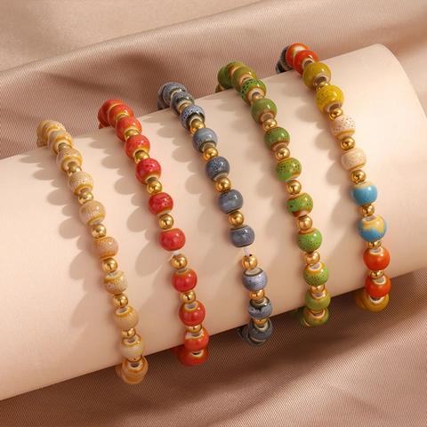 Bracelet Vintage En Perles De Céramique Pour Femmes Acier Inoxydable Titane Bohème Réglable Bijoux D'été