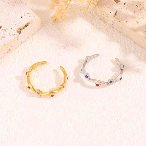 Bague Ouverte en Acier Inoxydable à Vague Irrégulière pour Femmes Incrustée de Zircone Colorée Transparente Réglable Bijoux de Mode de Luxe