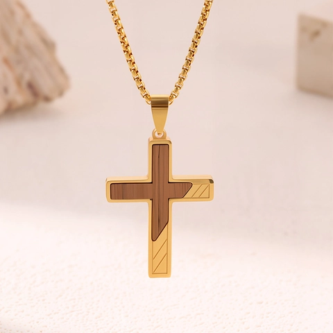 Herren Edelstahl Walnussholz Kreuz Anhänger Halskette Vintage Religiöse Geometrische Dog Tag Box Kette Schmuck Geschenk