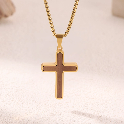 Herren Edelstahl Walnussholz Kreuz Anhänger Halskette Vintage Religiöse Geometrische Dog Tag Box Kette Schmuck Geschenk