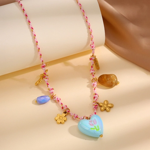 Collier Multi Pendentifs en Acier Inoxydable Bohème pour Femmes Corde Tressée Main Soleil Coeur Coquillage Tortue Charmes Bijoux