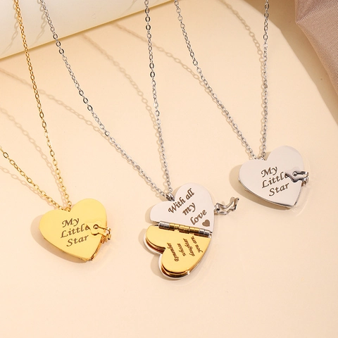 Titanium Stalen Hart Medaillon Halsketting Voor Vrouwen Gegraveerd Boekvorm Hanger Herdenkings Sieraden Cadeau Voor Moeder