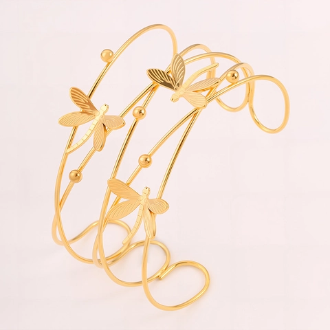 Natur Inspirierte Edelstahl Mehrschichtige Offene Armreif Für Damen Mädchen Libelle Perlen Dekoration Gold Silber Plattiert Schmuck Geschenk
