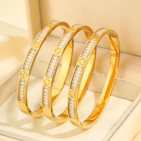 Brazalete de Lujo para Mujer Chapado en Oro Acero Inoxidable Corazón Trébol Cruz Zirconia Joyería de Moda Fiesta
