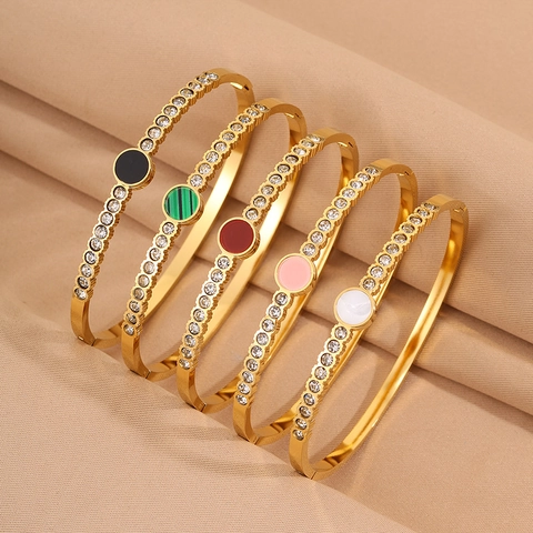 Fashion Stainless Steel Bangle For Women Gold Plated Rhinestone Circle Malachite Shell Style Elegant Jewelry Bracelet Gift