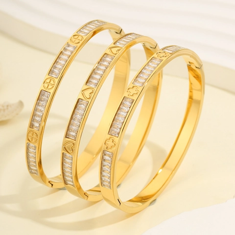 Brazalete de Lujo para Mujer Chapado en Oro Acero Inoxidable Corazón Trébol Cruz Zirconia Joyería de Moda Fiesta