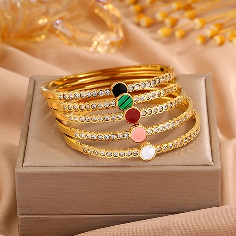 Fashion Stainless Steel Bangle For Women Gold Plated Rhinestone Circle Malachite Shell Style Elegant Jewelry Bracelet Gift