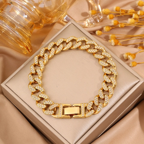 Bracelet Chaîne Gourmette Cubaine en Acier Inoxydable de Mode Pour Femmes Plaqué Or 18k Bracelet Chaîne Figaro en Zirconium Iced Out Bijoux