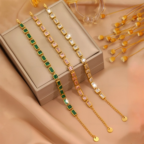 Bracelet Trèfle en Acier Inoxydable Plaqué Or de Luxe pour Femme Bijoux Géométriques avec Pierres Roses Vertes Blanches