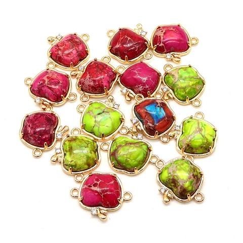 Natural Stone Imperial Jasper Apple Shape Pendant Connectors Electroplated Copper With Rhinestone DIY Jewelry Accessories