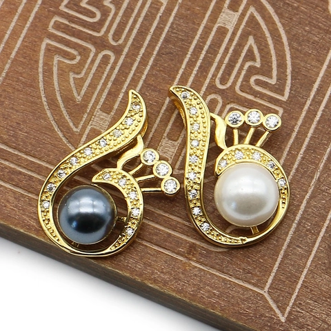 Vintage Peacock Wing Shell Artificial Pearl Pendant Copper Gold Plated Zirconia Inlaid Charm For DIY Jewelry Making Women Necklace Accessory