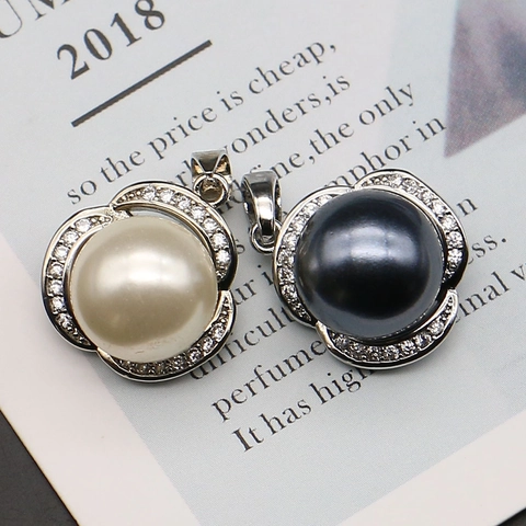 Copper Zircon Flower Imitation Artificial Pearl Shell Pendant Only Without Chain For Necklace DIY Jewelry Making Findings Accessory