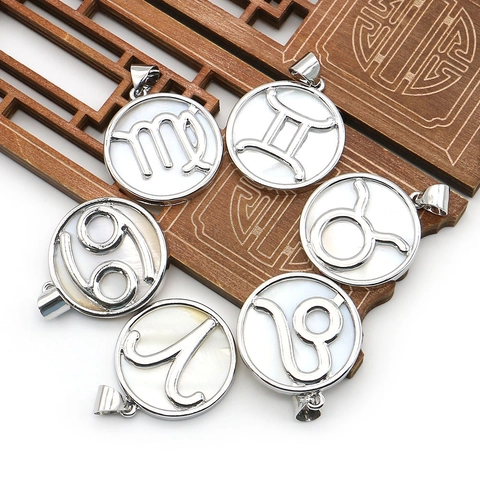 Natural White Mother Of Pearl Shell Twelve Zodiac Round Pendant Electroplated Copper Round Charm For DIY Necklace Jewelry Making Gift