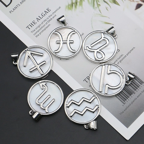 Natural White Mother Of Pearl Shell Twelve Zodiac Round Pendant Electroplated Copper Round Charm For DIY Necklace Jewelry Making Gift