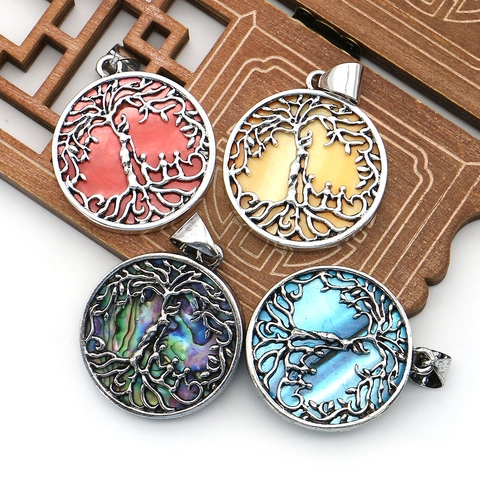 Round Sea Shell Tree Of Life Pendant Necklace For Women Retro Family Figure Hollow Copper Pendant Jewelry Accessory
