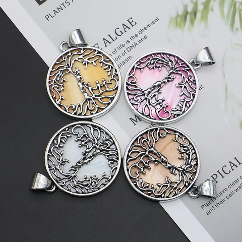 Round Sea Shell Tree Of Life Pendant Necklace For Women Retro Family Figure Hollow Copper Pendant Jewelry Accessory