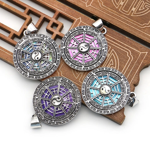 Vintage Round Shell Yin Yang Bagua Pendant Necklace Stainless Steel Colorful Mother Of Pearl Tai Chi Jewelry Findings