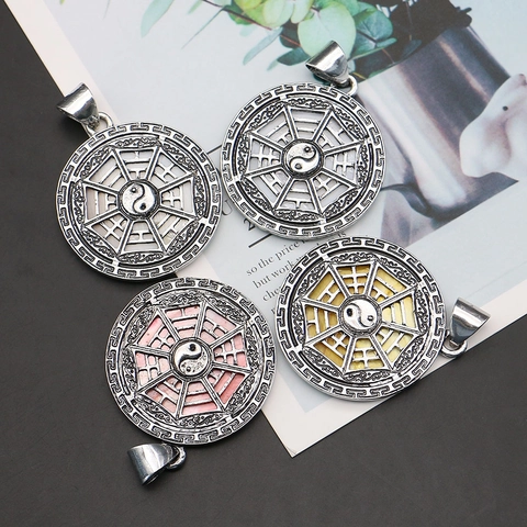 Vintage Round Shell Yin Yang Bagua Pendant Necklace Stainless Steel Colorful Mother Of Pearl Tai Chi Jewelry Findings
