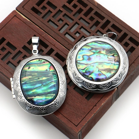 Vintage Copper Abalone Shell Locket Pendant Necklace For Women Retro Engraved Oval Round Photo Frame Jewelry Gift