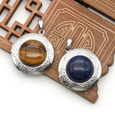 Vintage Embossed Copper Locket Pendant Necklace Natural Stone Tiger Eye Lapis Lazuli For Women DIY Jewelry Photo Frame