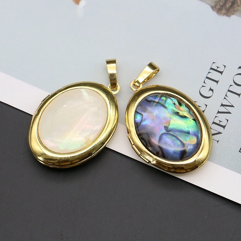 Vintage Oval Shell Locket Pendant Natural Mother Of Pearl Abalone Gold Plated Copper DIY Necklace Jewelry Making Accessory