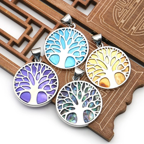 Natural Sea Shell Tree of Life Pendant Round Mother of Pearl Electroplated Copper Tree Pendant For DIY Necklace Jewelry Accessories
