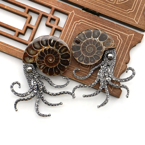 Vintage Octopus Broche Hanger Dubbel Gebruik Natuurlijke Ammoniet Fossiel Plakje Steampunk Legering Sieraden Unisex Ketting Accessoires