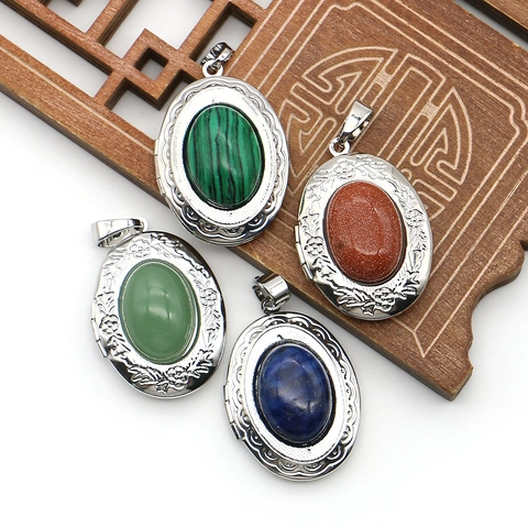 Vintage Oval Natural Stone Locket Pendant Floral Embossed Electroplated Copper Malachite Lapis Lazuli Goldstone Necklace Jewelry Accessory
