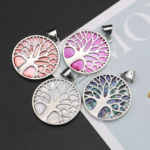 Natural Sea Shell Tree of Life Pendant Round Mother of Pearl Electroplated Copper Tree Pendant For DIY Necklace Jewelry Accessories