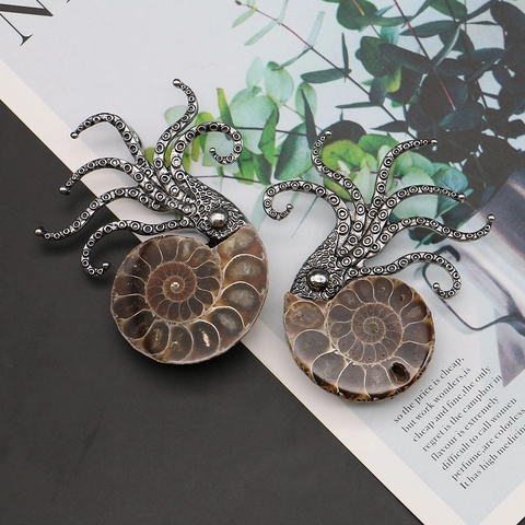 Vintage Octopus Broche Hanger Dubbel Gebruik Natuurlijke Ammoniet Fossiel Plakje Steampunk Legering Sieraden Unisex Ketting Accessoires