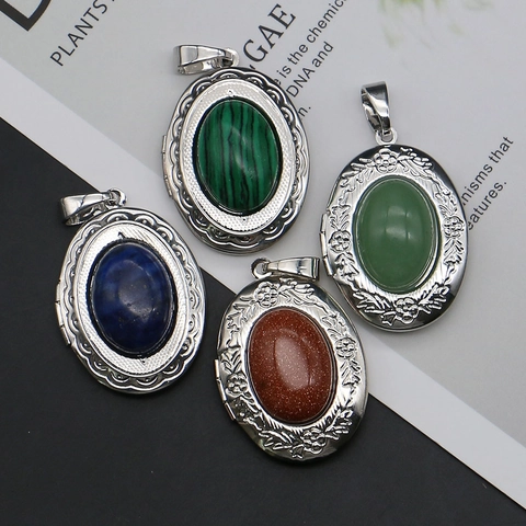 Vintage Oval Natural Stone Locket Pendant Floral Embossed Electroplated Copper Malachite Lapis Lazuli Goldstone Necklace Jewelry Accessory