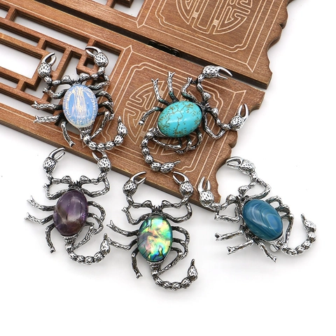 Broche Colgante Escorpión de Aleación de Zinc Vintage Piedra Natural Incrustada Concha de Abulón Amatista Turquesa Ágata Joyería Étnica