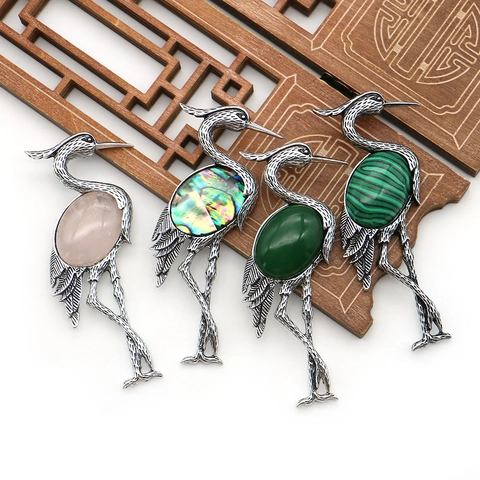 Vintage Natural Stone Crane Brooch Dual Use Pendant Abalone Shell Rose Quartz Malachite Chinese Style Animal Jewelry Gift