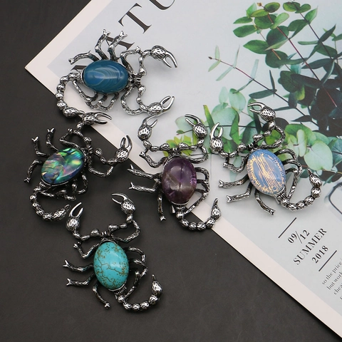 Broche Colgante Escorpión de Aleación de Zinc Vintage Piedra Natural Incrustada Concha de Abulón Amatista Turquesa Ágata Joyería Étnica