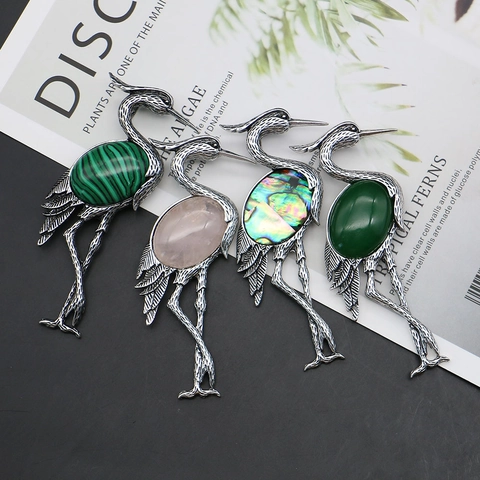 Vintage Natural Stone Crane Brooch Dual Use Pendant Abalone Shell Rose Quartz Malachite Chinese Style Animal Jewelry Gift