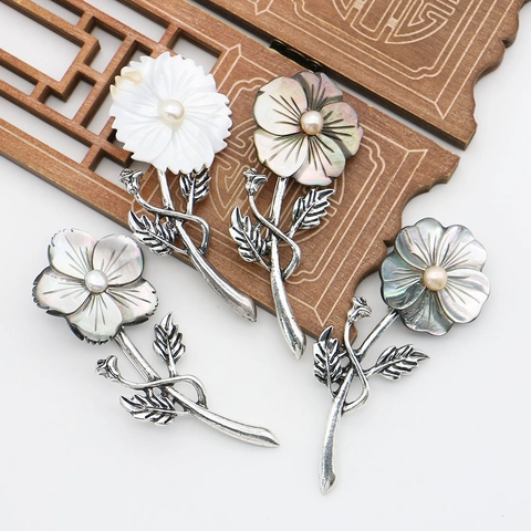 Broche de Flor de Concha Vintage Francés Aleación de Zinc Pin Floral Con Colgante de Perla Artificial Joyería de Moda