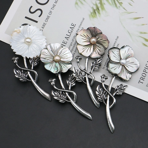 Broche de Flor de Concha Vintage Francés Aleación de Zinc Pin Floral Con Colgante de Perla Artificial Joyería de Moda