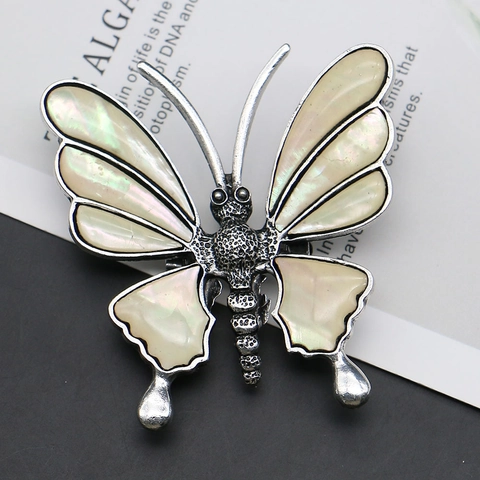 Broche de Mariposa de Madreperla Blanca Natural Vintage para Mujer Aleación Galvanizada Colgante de Doble Uso Collar Joyería Regalo