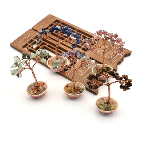 Pierre Naturelle Cristal Arbre de Vie Décoration Fait à la Main Fil de Cuivre Bonsaï Maison Bureau Ornement Table